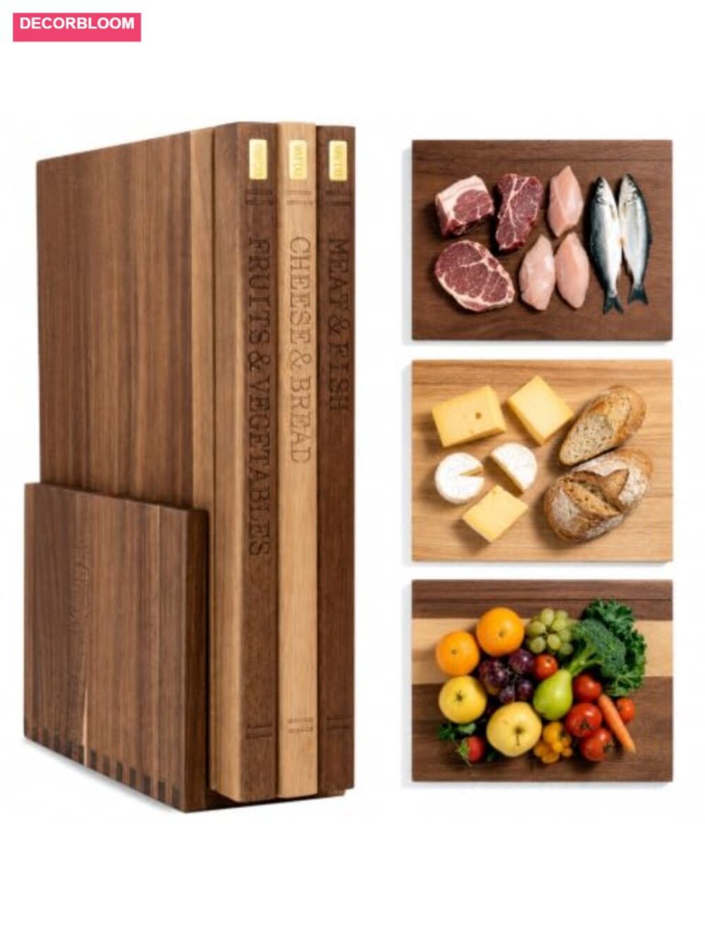 Wood Cutting Board Set Book Design with Stand 3 Labeled Boards Acacia